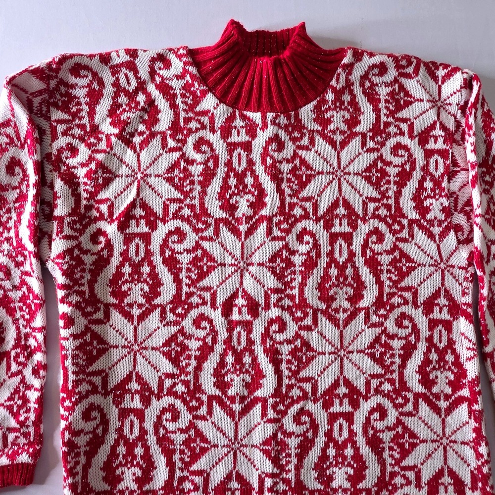 Vtg Wmns Red White Snowflk FairIsle Sweater Mock Nck Slvr Medium Amrcn Pride 3/4